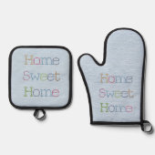 Home Sweet Home Faux Stitching op blauw Ovenwant & Pannenlap Set (Voorkant)