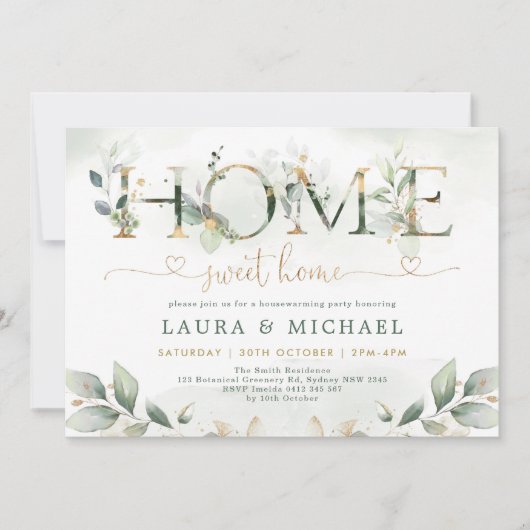 Home Sweet Home Greenery Gold Housewarming Party Kaart (Voorkant)