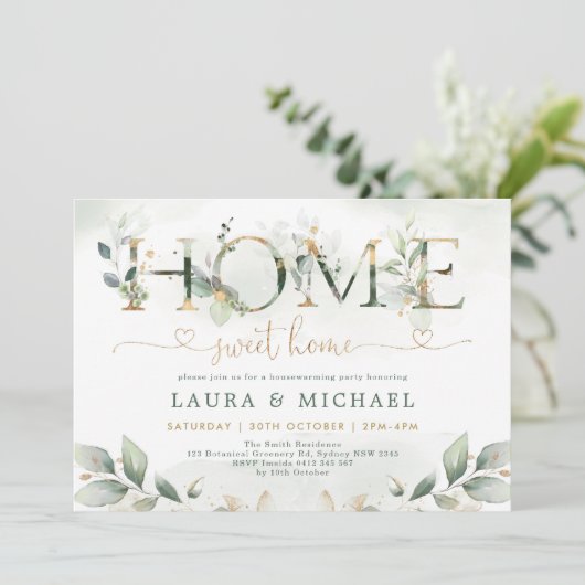 Home Sweet Home Greenery Gold Housewarming Party Kaart (Staand voorkant)