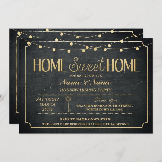 Home Sweet Home Housewarming Black Gold-toets Uitn Kaart (Voorkant / Achterkant)