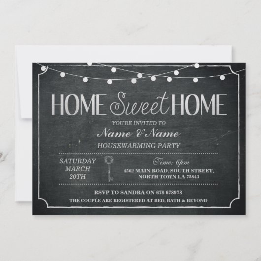 Home Sweet Home Housewarming Black & Silver Invite Kaart (Voorkant)