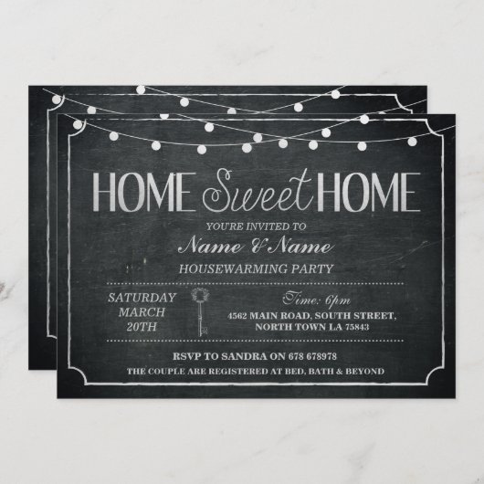 Home Sweet Home Housewarming Black & Silver Invite Kaart (Voorkant / Achterkant)