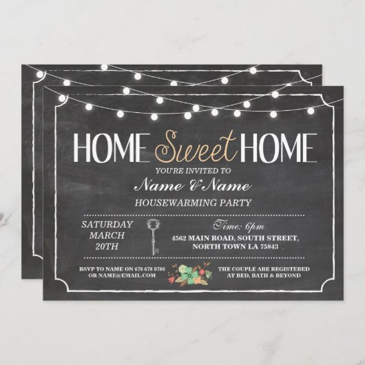 Home Sweet Home Housewarming Chalkboard Key Invite Kaart (Voorkant / Achterkant)