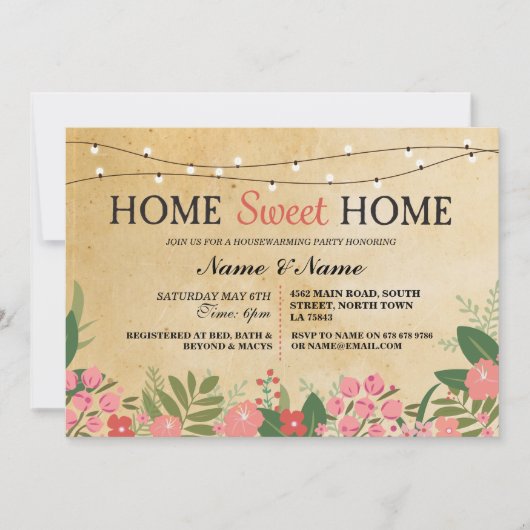 Home Sweet Home Housewarming  Floral Invite Kaart (Voorkant)