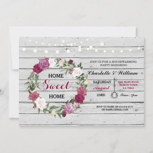 Home Sweet Home Housewarming Floral Rustic Invite Kaart (Voorkant)