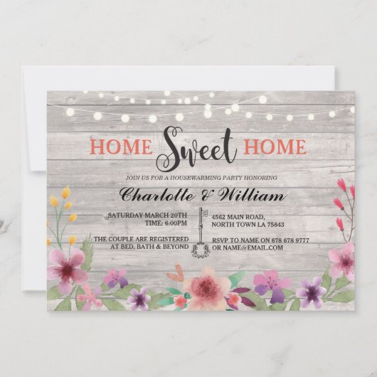 Home Sweet Home Housewarming Floral Rustic Invite Kaart (Voorkant)