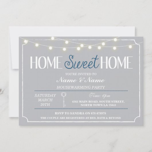 Home Sweet Home Housewarming Gray White Key Invite Kaart (Voorkant)
