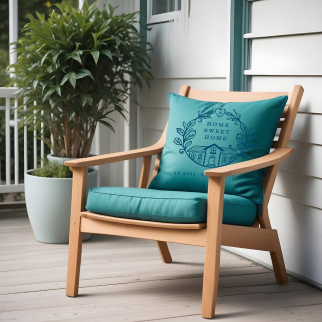 Home Sweet Home, Krans Design & Coördinaten Blauw Kussen (Home Sweet Home, Wreath Design & Coordinates Blue Throw Pillow)