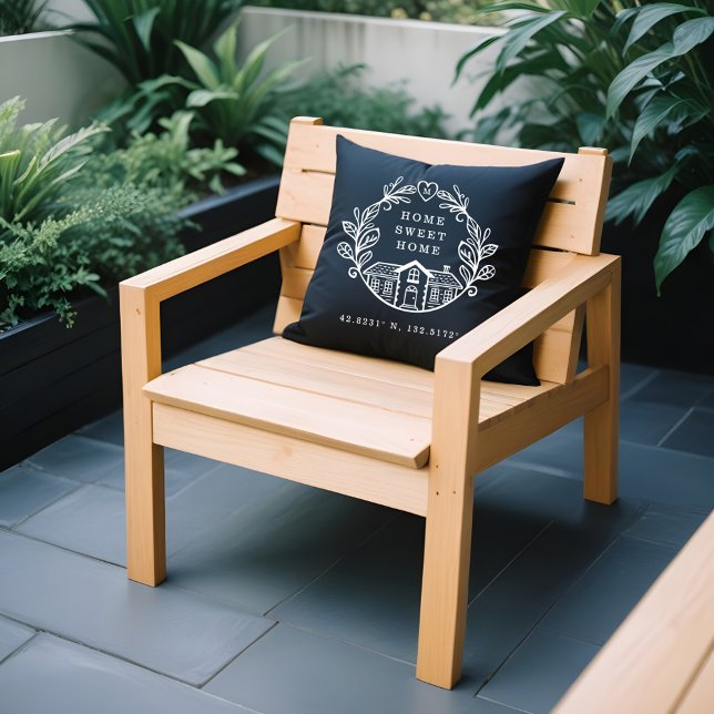 Home Sweet Home, Krans Design & Coördinaten Zwart Kussen (Home Sweet Home, Wreath Design & Coordinates Black Throw Pillow)