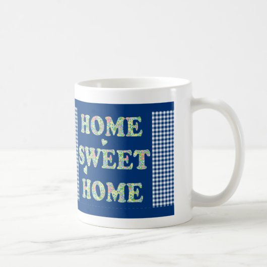 Home Sweet Home Mok: Primroses, Blue Check Gingham Koffiemok (Rechts)