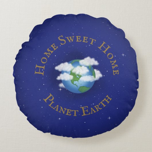 "Home Sweet Home Planet Earth" Whimsical Astronomi Rond Kussen (Voorkant)