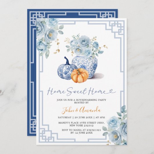 Home Sweet Home Pompoen Blauwe pioen Chinoiserie J Kaart (Voorkant / Achterkant)