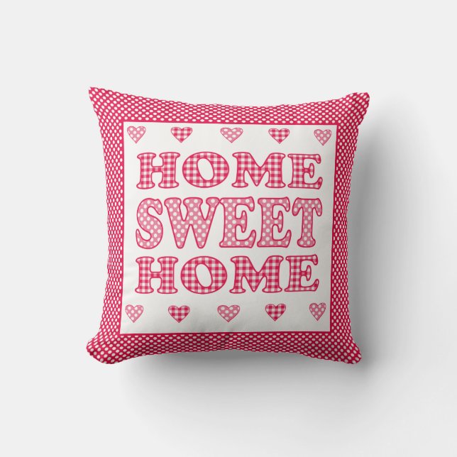 Home Sweet Home Red, White Polkas en Checks Kussen (Voorkant)