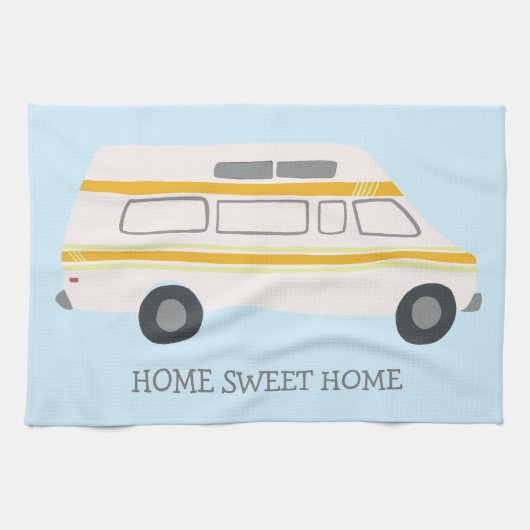 HOME SWEET HOME Retro Campervan Motorhome RV BLUE Theedoek (Horizontaal)