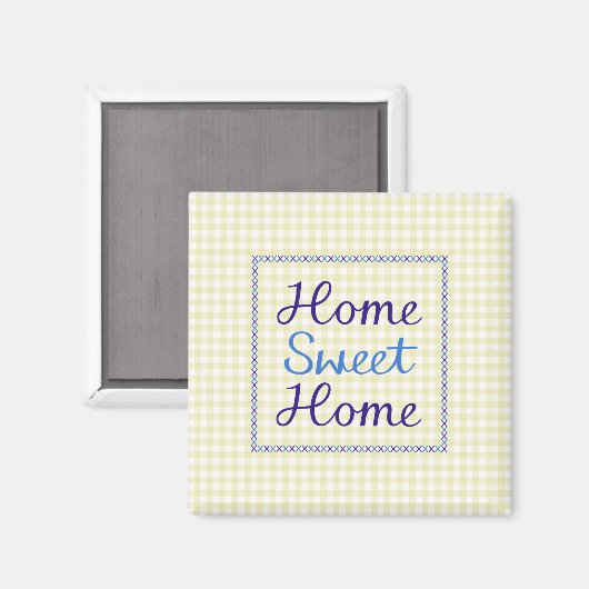 Home Sweet Home Script in Blues op Yellow Gingham Magneet (Voorkant / Achterkant)