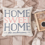 Home Sweet Home Specialized Modern Typografie Kussen<br><div class="desc">Het moderne typografische ontwerp is voorzien van "Home Sweet Home" in levendige koraal en klassiek blauw van de marine,  op een warme,  gebroken witte achtergrond. Personaliseer met uw namen of familienaam onder in handgeschreven het schrijven van het stijlmanuscript. Maakt een groot cadeau voor nieuwe huiseigenaars of nieuwigheden!</div>