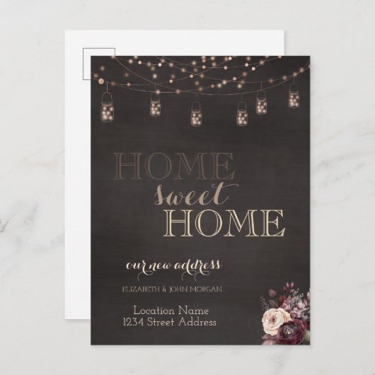 Home Sweet Home, String Lights, Mason Jar, Rozen Aankondigingskaart (Voorkant / Achterkant)