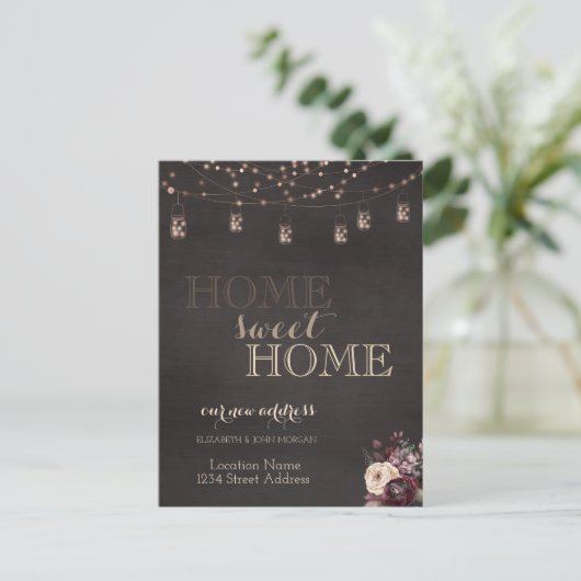 Home Sweet Home, String Lights, Mason Jar, Rozen Aankondigingskaart (Staand voorkant)