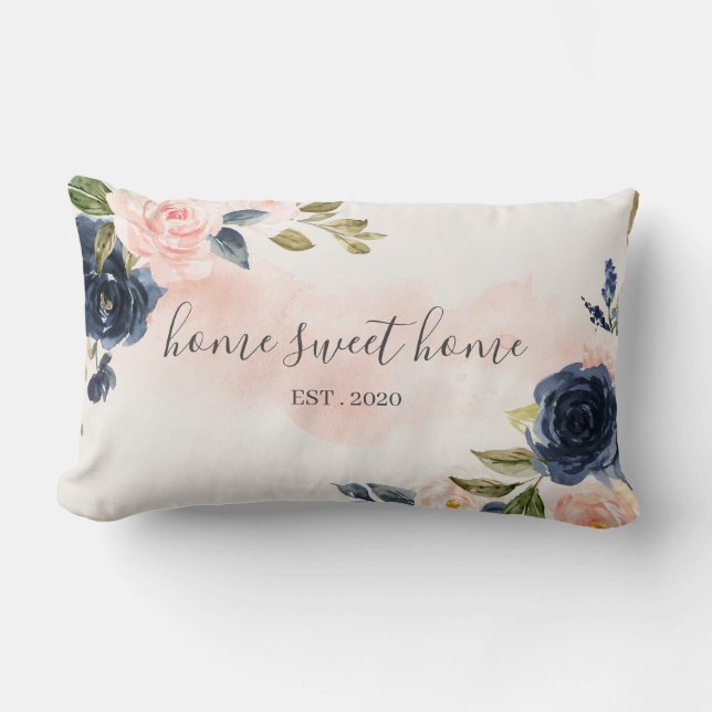Home Sweet Home Waterverf Roze Navy Pillow Kussen (Voorkant)