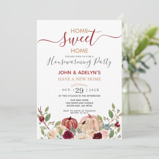 Home Sweet Home White Pumpkin Floral Burgundy Kaart (Staand voorkant)