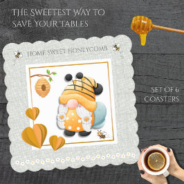 Home Sweet Honeycomb Bee Gnome Coaster Set Kartonnen Onderzetters