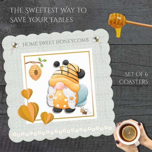 Home Sweet Honeycomb Bee Gnome Coaster Set Kartonnen Onderzetters