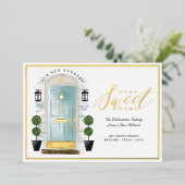 Home - We hebben Blauwgroen Waterverf-deur verplaa Folie Uitnodiging (Staand Voorkant)