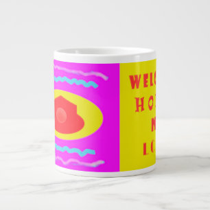 Home welkom met liefde groot roze en brite geel grote koffiekop