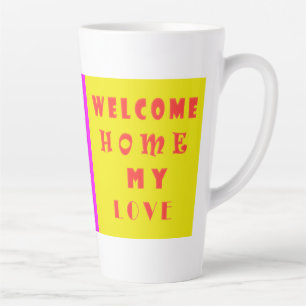 Home welkom met liefde groot roze en brite geel latte mok