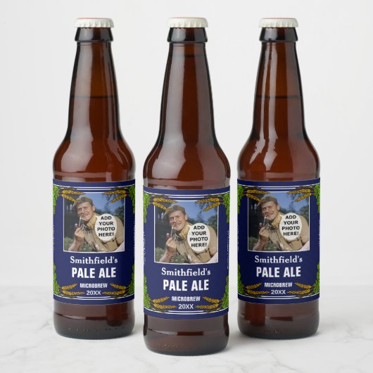 Homebrewing Bier Brouwer Hops Custom Foto Blauw Bier Etiket (Flessen)