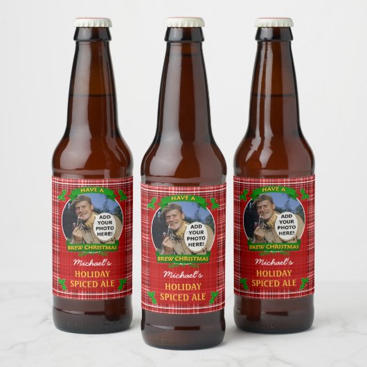 Homebrewing Brew Christmas Red Plaid Custom Foto Bier Etiket (Flessen)
