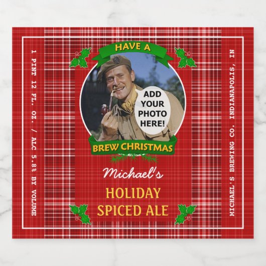 Homebrewing Brew Christmas Red Plaid Custom Foto Bier Etiket (Enkel label)