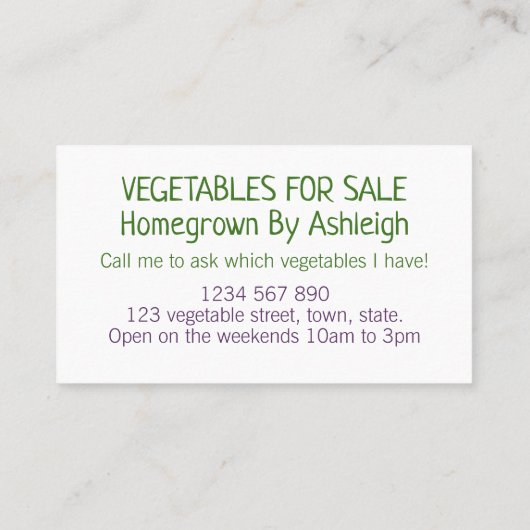 Homegrown Fresh Vegetable Produce Business Visitekaartje (Achterkant)