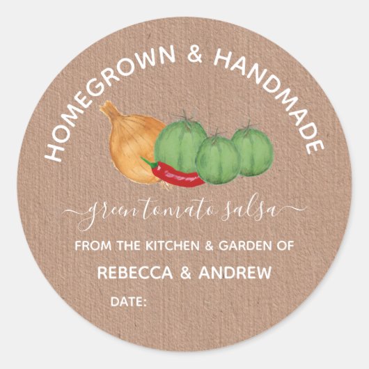 Homegrown & Handmade Groene Tomaten Salsa Potjar  Ronde Sticker (Voorkant)