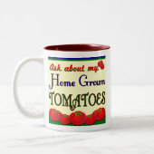 Homegrown Tomato Garden Slogan Tweekleurige Koffiemok (Links)