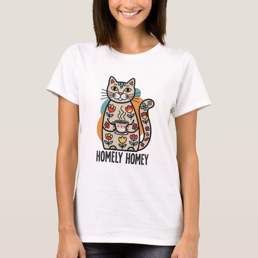 Homely Homey Happy Cat Design T-shirt (Voorkant)