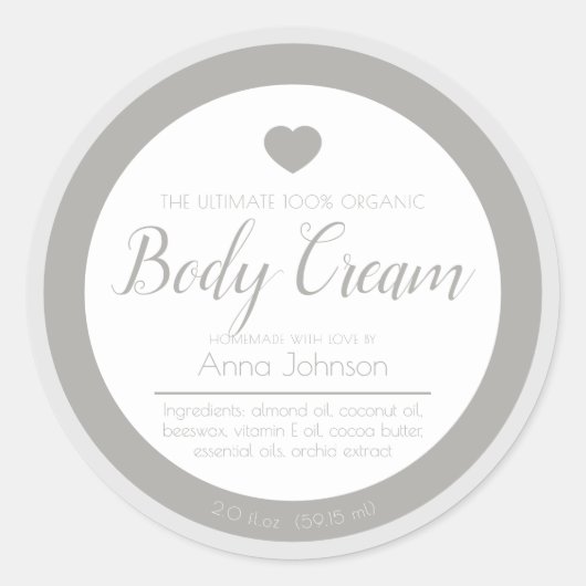 Homemade body crème bestanddelen grijs wit etiket (Voorkant)