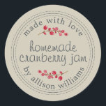 Homemade Cranberry Jam Canning Clay Gray Ronde Sticker<br><div class="desc">Robuuste en moderne zelfgemaakte kerstjam die cranberry jam sticker met de tekst gemaakt met liefde, zelfgemaakte cranberry jam en jouw naam in modern script op een grijze klei achtergrond met een stijlvolle aanraking van veenbessen. Voeg eenvoudig jouw naam en de productnaam aan het etiket toe. Exclusief voor u ontworpen door...</div>