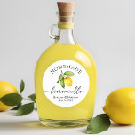 Homemade Limoncello Calligrafie Waterverf Lemon Ronde Sticker<br><div class="desc">Moderne minimalistische maar elegante kalligrafie Inkt Script Waterverf Lemon en Greenery Homemade Limoncello Wedding Bottle Labels Stickers</div>