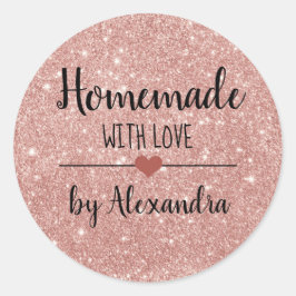 Homemade met een liefdeszwart roze glitter script ronde sticker