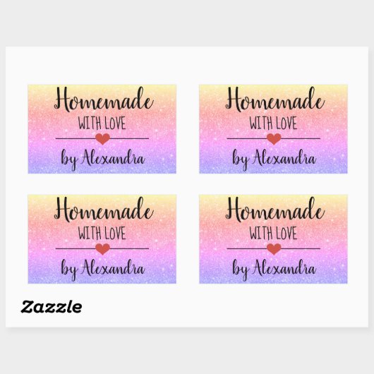 Homemade met het liefdesregenbooglitterscript rechthoekige sticker (Vel)