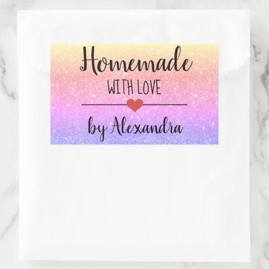Homemade met het liefdesregenbooglitterscript rechthoekige sticker (Tas)
