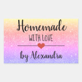 Homemade met het liefdesregenbooglitterscript rechthoekige sticker (Voorkant)