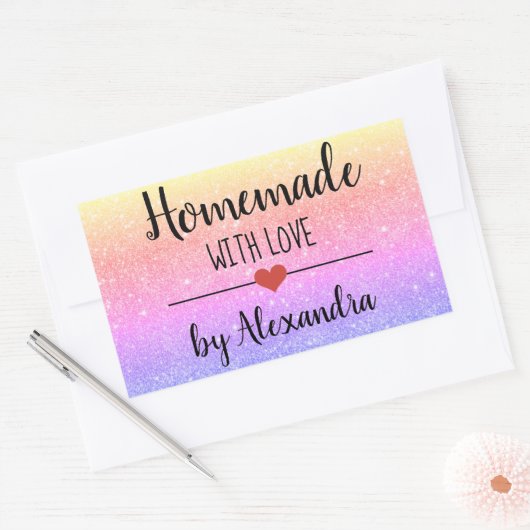 Homemade met het liefdesregenbooglitterscript rechthoekige sticker (Envelop)