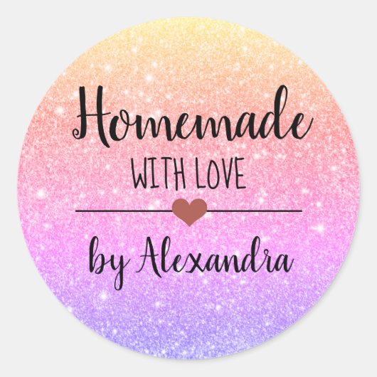 Homemade met het liefdesregenbooglitterscript ronde sticker (Voorkant)
