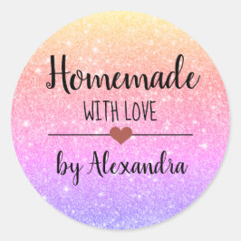 Homemade met het liefdesregenbooglitterscript ronde sticker