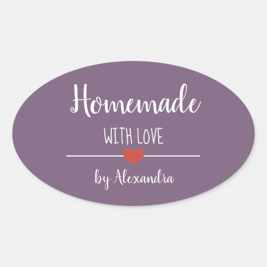Homemade met liefde paars gepersonaliseerd ovale sticker (Voorkant)
