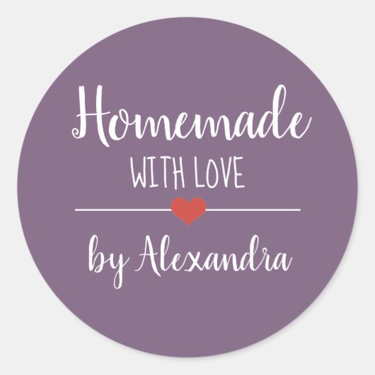 Homemade met liefde paars script aangepast ronde sticker (Voorkant)