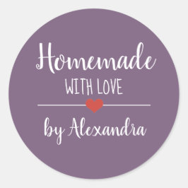 Homemade met liefde paars script aangepast ronde sticker