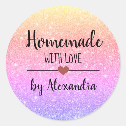 Homemade met liefde regenbooglitter script klassie ronde sticker (Voorkant)